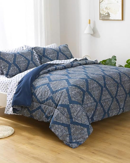 Printed Queen Bedding Sets with Comforter and Sheets, 7 Piece Bed in A Bag Comforter Set with Fluffy Microfiber, Vintage Navy Blue Plaid Paisley Pattern - LeafyLoom