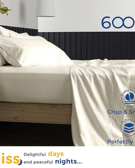 THREAD SPREAD Luxury Egyptian Cotton Sheets King Size - 600 Thread Count Sheets King 4 PC Luxury Sheets King Size, 16" Deep Pocket, Soft, Cooling Sateen Weave Hotel Luxury Bed Sheets Set - Ivory - LeafyLoom