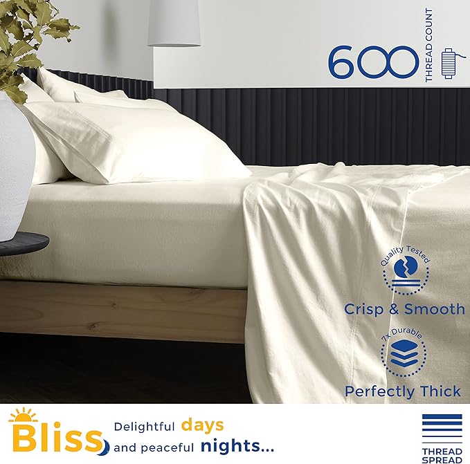 THREAD SPREAD Luxury Egyptian Cotton Sheets King Size - 600 Thread Count Sheets King 4 PC Luxury Sheets King Size, 16" Deep Pocket, Soft, Cooling Sateen Weave Hotel Luxury Bed Sheets Set - Ivory - LeafyLoom