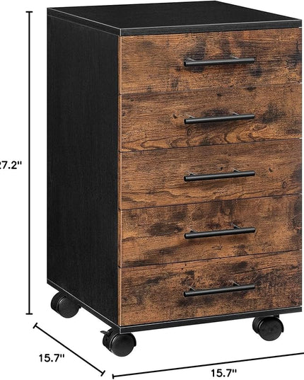 HOOBRO 5-Drawer Chest, File Cabinet, Office Cabinet, Filing Cabinet with Drawers, Wooden Cabinet with Wheels, Storage Cabinet for Makeup, for Home Office, Study, Easy Assembly, Rustic Brown BF05WJ01 - LeafyLoom