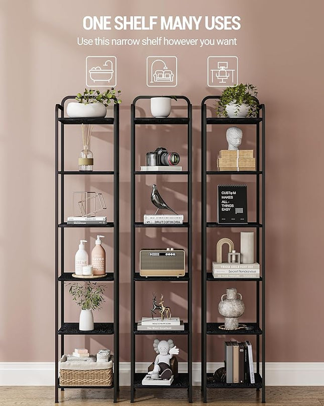 Bookcase Bookshelf, Narrow Book Shelf, Industrial Coner Shelf Storage Organizer, Slim Shelving Unit for Home Office, Living Room, Bedroom, Kitchen, 6-Tier Black BC24604B - LeafyLoom