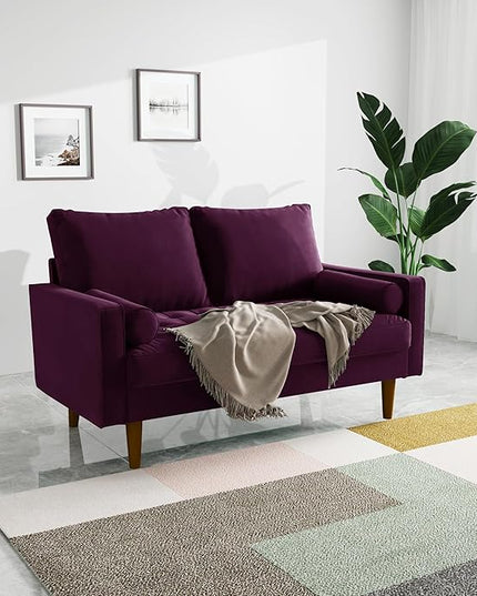 Velvet Furniture for Small Spaces, Mid-Century Modern Loveseats for Living Room, Love Seat Couch Sofas, 58 Inches, Eggplant - LeafyLoom