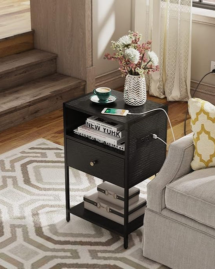 LDTTCUK Nightstand Set of 2 with Charging Station, Modern End Table with Drawer, Bedside Table with Open Storage for Bedroom,Black - LeafyLoom