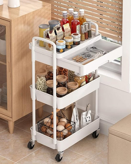 3-Tier Rolling Cart，Trolley with Drawer, Multifunctional Storage Organizer with Plastic Shelf & Metal Wheels, Kitchen Storage Cart for Living Room, Kitchen, Office, Bathroom, White - LeafyLoom