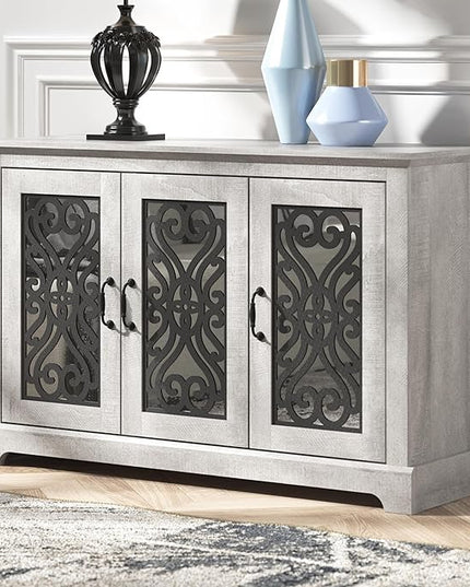 Galano Calidia 3 Door Sideboard, Kitchen Storage Sideboard Buffet Cabinet Console with Acrylic Mirror Doors & Adjustable Shelves, 15.67" D x 45.71" W x 29.29" H, Dusty Grey Oak - LeafyLoom