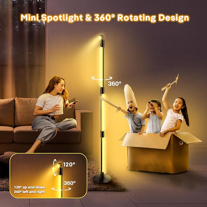 RGB+IC Floor Lamp, Smart LED Corner Lamp with Music Sync and 16 Million DIY Colors, App & Remote Control, 360° Rotating Standing Floor Lamp with Spotlight for Bedroom Living Room - LeafyLoom