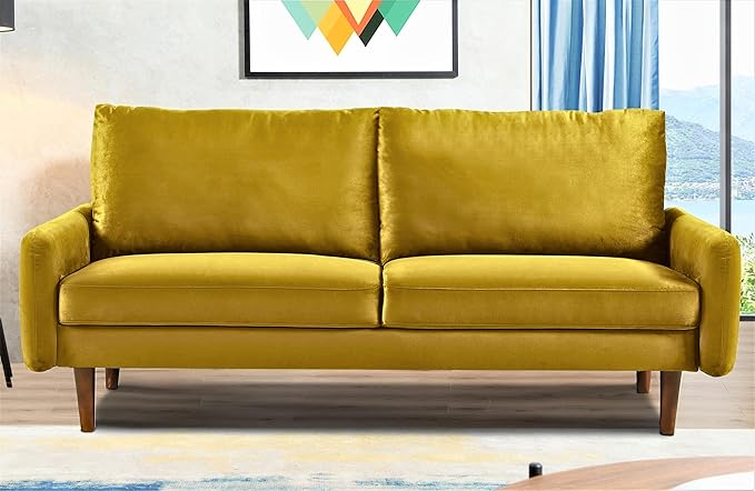 US Pride Furniture Kent Modern Velvet Sofa, Comfortable 3 Seater Couch for Living Rooms and Small Spaces, Ideal Studio Apartment Furniture with Sleek Design, Greenish Yellow - LeafyLoom
