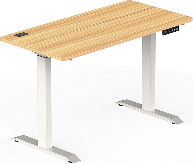 SHW Electric Height Adjustable Standing Desk with Hanging Hooks and Cable Management, 48 x 24 Inches, Oak - LeafyLoom