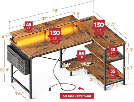 ODK 48 Inch Gaming Desk with USB Charging Ports and LED Lights, Reversible L Shaped Computer Desk with Storage Shelves & Monitor Stand, Corner Home Office Desk Table with Power Outlets, Vintage - LeafyLoom