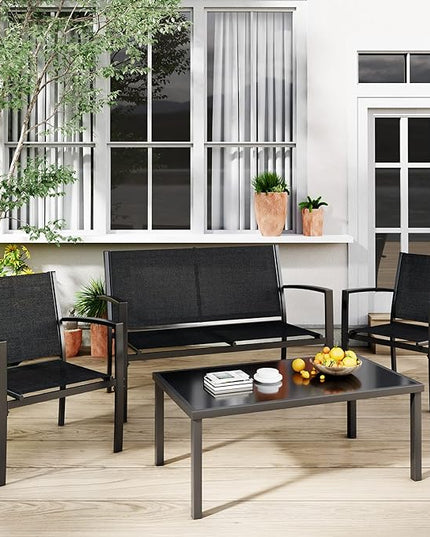 Greesum 4 Pieces Patio Furniture Set, Outdoor Conversation Sets for Patio, Lawn, Garden, Poolside with A Glass Coffee Table, Black - LeafyLoom