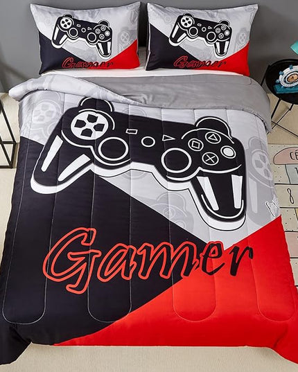 Gaming Comforter Sets for Kids Teen Boys,Video Games Controller Pattern Bedding Set for Room Decor, Twin Size 2-Piece Reddish Black Gamer Comforter with Pillowcase,All Season(Red,Twin) - LeafyLoom