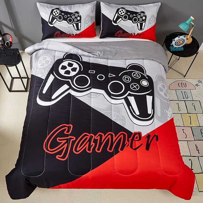 Gaming Comforter Sets for Kids Teen Boys,Video Games Controller Pattern Bedding Set for Room Decor, Twin Size 2-Piece Reddish Black Gamer Comforter with Pillowcase,All Season(Red,Twin) - LeafyLoom