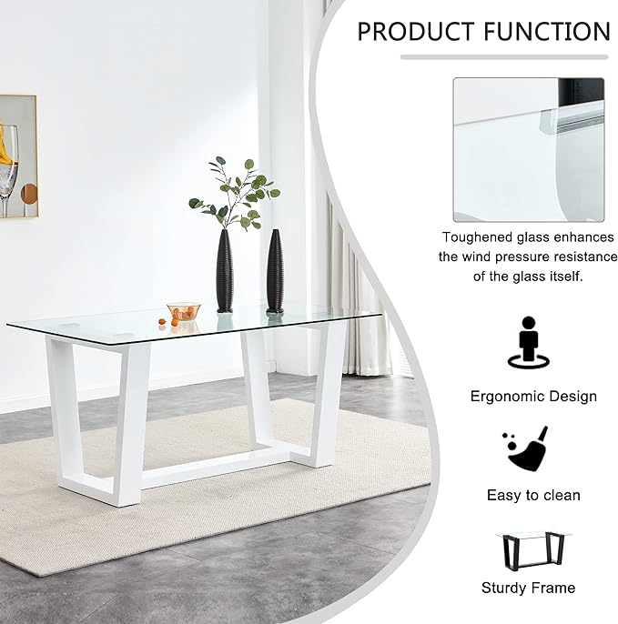 NicBex Glass Dining Table Large Modern Minimalist Rectangular for 6-8 with 0.4" Tempered Glass Tabletop and White MDF Trapezoid Bracket for Kitchen Dining Living Meeting Room Banquet Hall, White - LeafyLoom