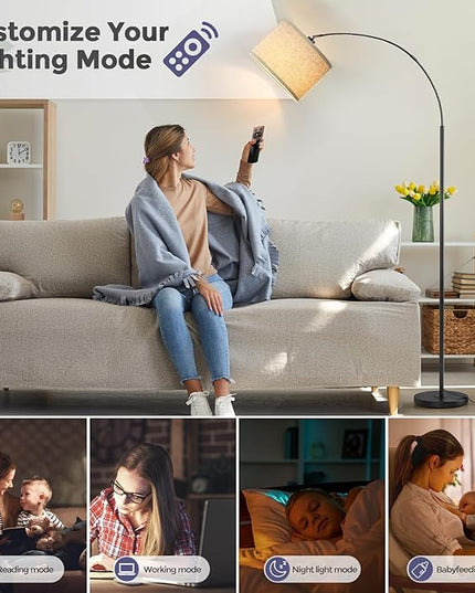 Arc Floor Lamps with Remote Control and Stepless Dimmable Color Temperature and Brightness Standing Lamp with Adjustable Beige Hanging Shade Pole Lamp for Bedroom Office, 9W Bulb Included, Black - LeafyLoom