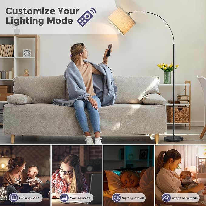 Arc Floor Lamps with Remote Control and Stepless Dimmable Color Temperature and Brightness Standing Lamp with Adjustable Beige Hanging Shade Pole Lamp for Bedroom Office, 9W Bulb Included, Black - LeafyLoom