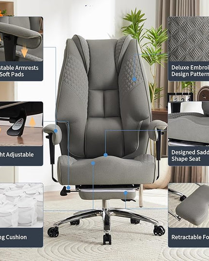 Big and Tall Office Chair 400lbs Wide Seat, Mesh High Back Executive Office Chair with Foot Rest, Ergonomic Office Chair Lumbar Support for Lower Back Pain Relief (Mesh Light Grey) - LeafyLoom