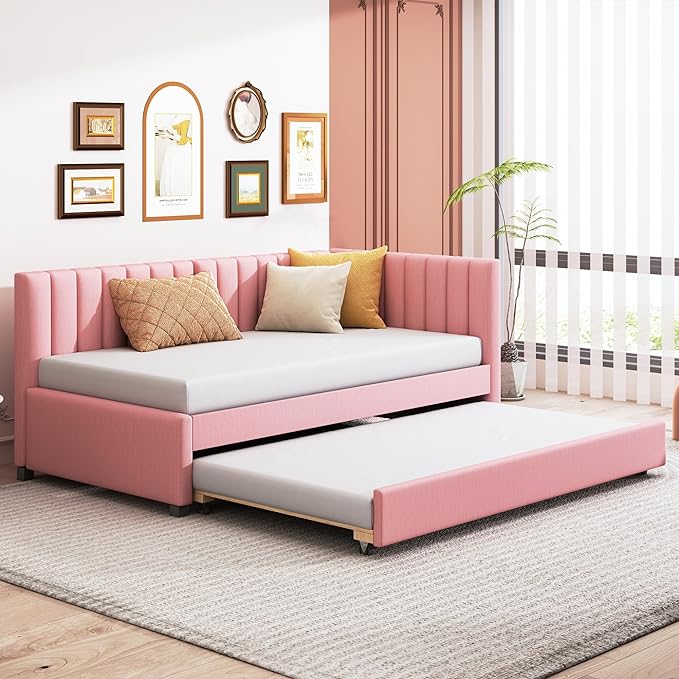 Merax Twin Size Daybed with Trundle, Linen Upholstered Sofa Bed, Solid Wood Slats Support, No Box Spring Needed, Wooden Day Bed Frame for Living Room, Apartment, Small Spaces, Pink - LeafyLoom