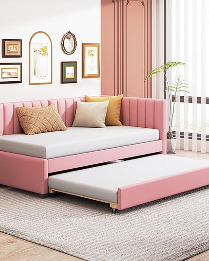Twin Size Upholstered Linen Daybed with 2 Trundle,Semi-Closed Design,Solid Wood Bed Frame,W/Backrest and Slat Support,No Box Spring Needed,for Apartment Bedroom,Pink - LeafyLoom