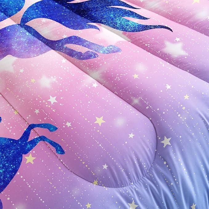Datura home Bedding Comforter Set Starry Sky Unicorn Printed Pattern Quilt with 1 and 2 Pillowcases for Girls Bedroom All Season(Purple Full) Full 80x90inches - LeafyLoom