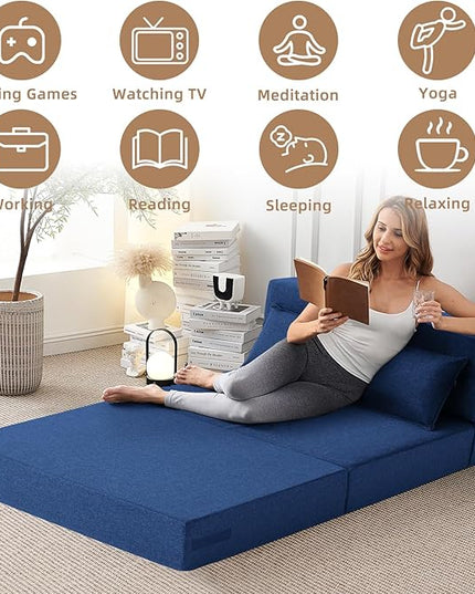 Convertible Folding Sofa Bed - Sleeper Chair with Pillow, Modern Linen Fabric Floor & Futon Couch, Foldable Mattress for Living Room/Dorm/Guest Use/Home Office/Apartment, Full Size, Navy Blue - LeafyLoom