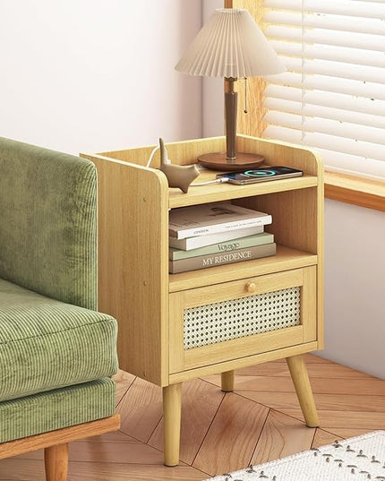 Fixwal Boho Nightstand, Rattan Nightstand with Charging Station, Storage Table with Drawers and Solid Wood Legs for Bedroom, Dormitory - LeafyLoom