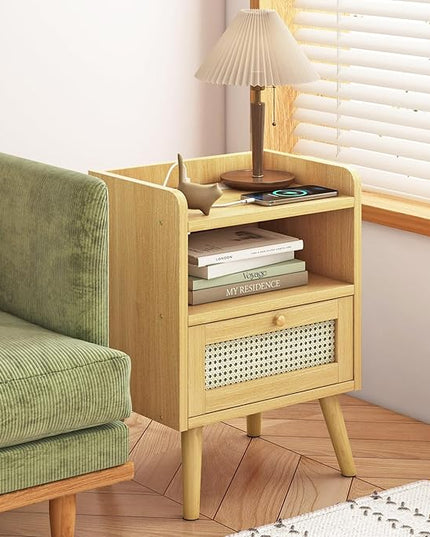 Fixwal Nightstands Set of 2 with Charging Staion, Night Stand with Rattan Decor Drawer, Open Storage Side Table Bedside Table with Solid Wood Feet for Bedroom, Natural - LeafyLoom