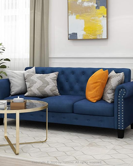 Furinno Bastia Vintage Modern Chesterfield Button Tufted 3-Seater Sofa Couch for Living Room, Navy Velvet - LeafyLoom