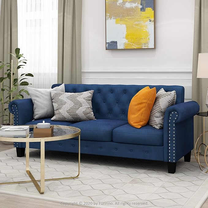 Furinno Bastia Vintage Modern Chesterfield Button Tufted 3-Seater Sofa Couch for Living Room, Navy Velvet - LeafyLoom
