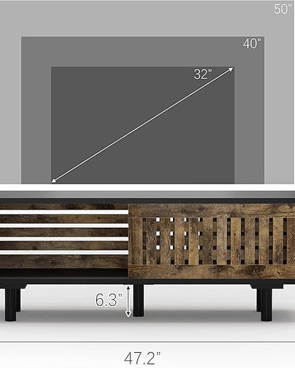 Mid-Century Modern TV Stand, Glossy Black TV Console with Sliding Doors, TV Console with Large Storage, Entertainment Center with Sturdy Solid Wood Legs, Living Room&Bedroom, Brown&Black - LeafyLoom