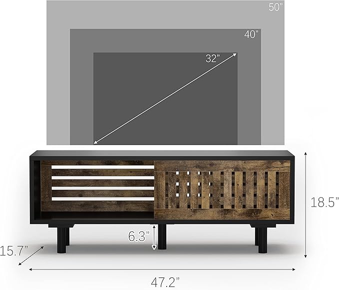 Mid-Century Modern TV Stand, Glossy Black TV Console with Sliding Doors, TV Console with Large Storage, Entertainment Center with Sturdy Solid Wood Legs, Living Room&Bedroom, Brown&Black - LeafyLoom