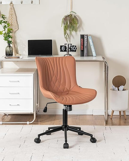 YOUNIKE Office Chair, Armless Desk Chair with Wheels, Home Office Computer Task Chairs, Modern Faux Leather Upholstered Vanity Chair, Adjustable Swivel Rocking Office Chair with Back, Pink - LeafyLoom