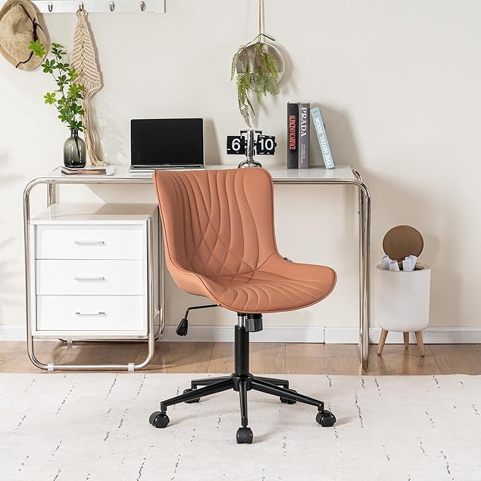 YOUNIKE Office Chair, Armless Desk Chair with Wheels, Home Office Computer Task Chairs, Modern Faux Leather Upholstered Vanity Chair, Adjustable Swivel Rocking Office Chair with Back, Pink - LeafyLoom