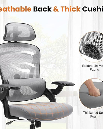 Ergonomic Office Chair, High Back Desk Chair with Adjustable Lumbar Support & Headrest,Comfortable Mesh Computer Chair with Soft Flip Up Arms, Adjustable Height and 120°Tilt,Grey - LeafyLoom