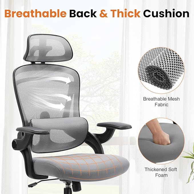 Ergonomic Office Chair, High Back Desk Chair with Adjustable Lumbar Support & Headrest,Comfortable Mesh Computer Chair with Soft Flip Up Arms, Adjustable Height and 120°Tilt,Grey - LeafyLoom