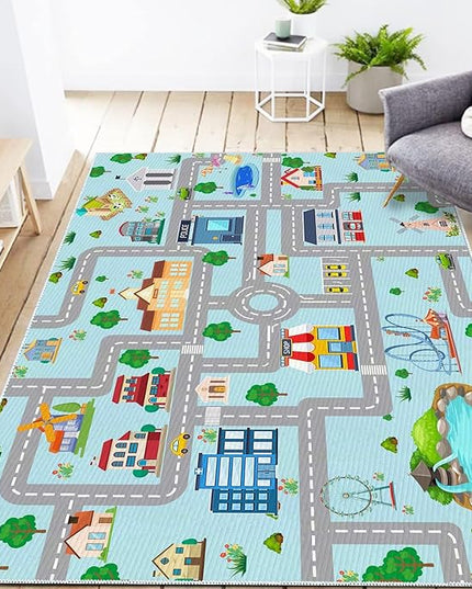 Kids Car Rug,4x6 City Life Traffic Road Playmat for Toy Cars Trains, Non-Slip Race Track Carpet Educational Fun Area Rugs for Boy and Girl Bedroom Nursery - LeafyLoom