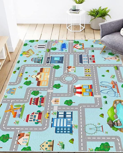 Kids Car Rug, 6x9 City Life Traffic Road Playmat for Toy Cars Trains, Non-Slip Race Track Carpet Educational Fun Area Rugs for Boy and Girl Bedroom Nursery - LeafyLoom