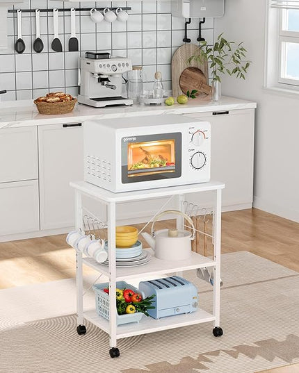 Mr IRONSTONE Baker's Rack, Kitchen Microwave Cart, Coffee Bar Table Station, 3-Tier Kitchen Utility Storage Shelf with Rolling Wheels Coffee Cart Kitchen Microwave Stand with 10 Hooks, White - LeafyLoom