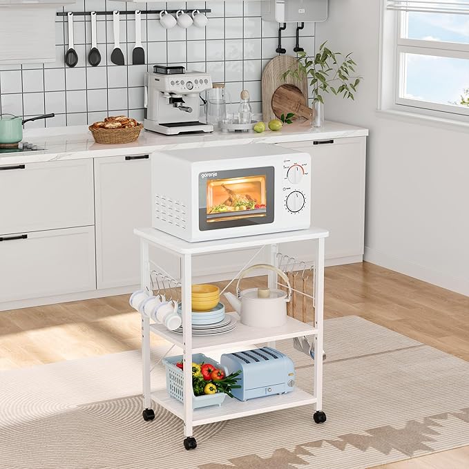 Mr IRONSTONE Baker's Rack, Kitchen Microwave Cart, Coffee Bar Table Station, 3-Tier Kitchen Utility Storage Shelf with Rolling Wheels Coffee Cart Kitchen Microwave Stand with 10 Hooks, White - LeafyLoom