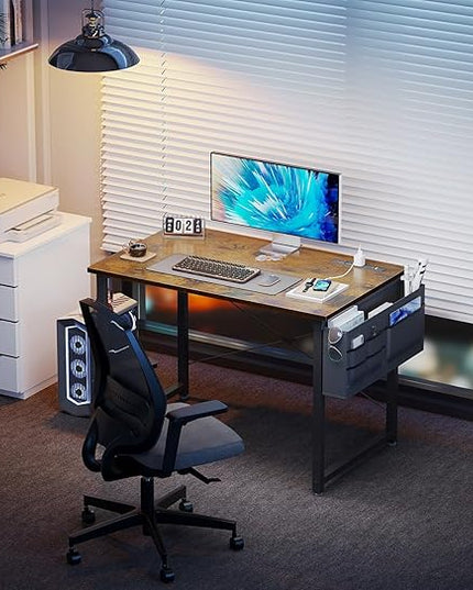 KKL Small Desk with Power Outlets and USB Port Computer Desk for Home Office Gaming Simple Modern Style Writing Desks with Storage Bag Headphone Hook, 32 inch, Rustic Brown - LeafyLoom