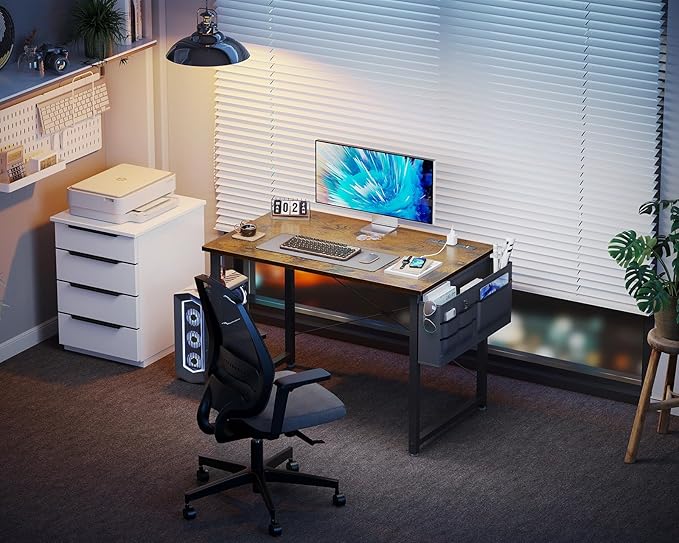 KKL Small Desk with Power Outlets and USB Port Computer Desk for Home Office Gaming Simple Modern Style Writing Desks with Storage Bag Headphone Hook, 32 inch, Rustic Brown - LeafyLoom