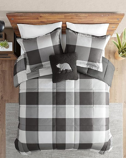 Woolrich Comforter Set, Cabin Lodge, Warm Cover for Colder Season, Modern Cottage-Inspired Down Alternative Ultra Soft Microfiber Bedding, Matching Sham, Plaid Grey/Black Twin 3 Piece - LeafyLoom