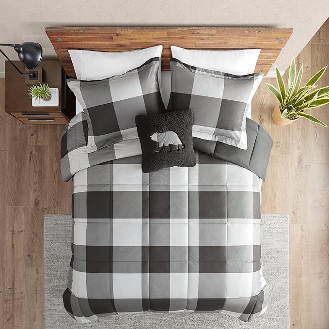 Woolrich Comforter Set, Cabin Lodge, Warm Cover for Colder Season, Modern Cottage-Inspired Down Alternative Ultra Soft Microfiber Bedding, Matching Sham, Plaid Grey/Black Twin 3 Piece - LeafyLoom
