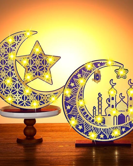 2 Pcs Ramadan Eid Mubarak Crafts Night Light 3D Wooden Moon Star Lights Ramadan Decorations LED Eid Mubarak Lamp Decor Ramadan Table Sign for Tabletop Home Party Supplies(Purple and Gold) - LeafyLoom