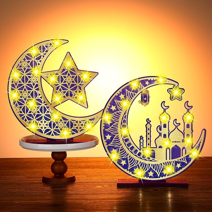 2 Pcs Ramadan Eid Mubarak Crafts Night Light 3D Wooden Moon Star Lights Ramadan Decorations LED Eid Mubarak Lamp Decor Ramadan Table Sign for Tabletop Home Party Supplies(Purple and Gold) - LeafyLoom