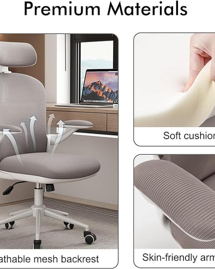Ergonomic Office Chairs with Adjustable Lumbar Support,Mesh Desk Chair with Adjustable Arms and Wheels,Computer Desk Chair for Home Office Essentials（Headrests,White） - LeafyLoom