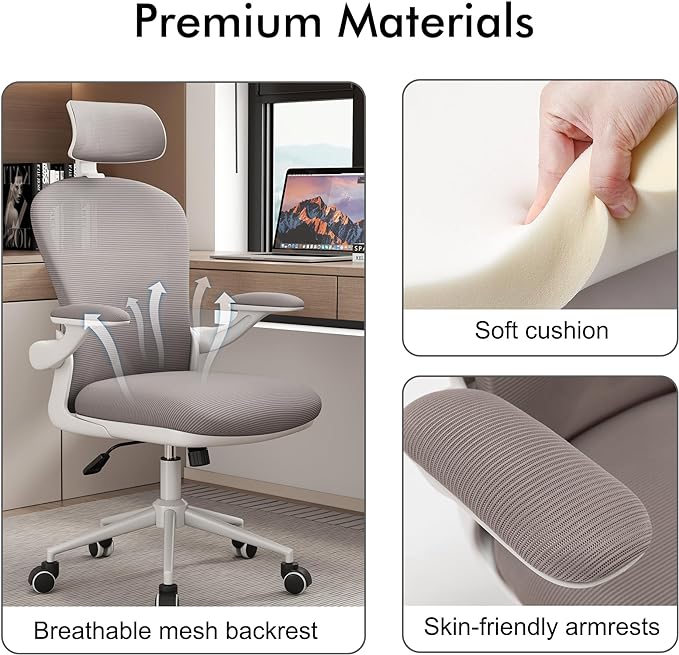 Ergonomic Office Chairs with Adjustable Lumbar Support,Mesh Desk Chair with Adjustable Arms and Wheels,Computer Desk Chair for Home Office Essentials（Headrests,White） - LeafyLoom