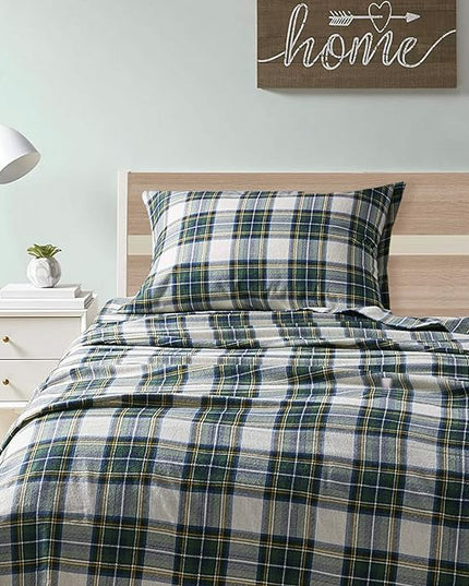 Comfort Spaces Cotton Flannel Breathable Warm Deep Pocket Sheets With Pillow Case Bedding, Twin, Scottish Plaid Green, 3 Piece - LeafyLoom