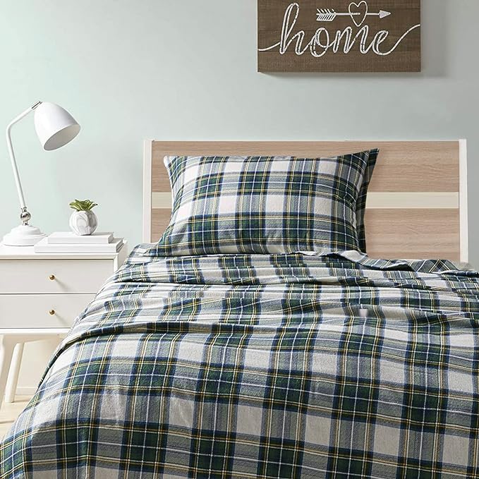 Comfort Spaces Cotton Flannel Breathable Warm Deep Pocket Sheets With Pillow Case Bedding, Twin, Scottish Plaid Green, 3 Piece - LeafyLoom