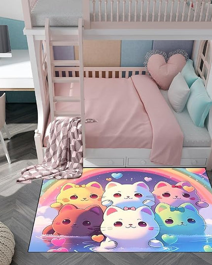 Rainbow Cat Rug for Girls - Colorful Cat Rug for Kids Bedroom Cute Cartoon Cat Pattern Rug Lovely Cat Rugs Room Decor Anime Cat Area Rug, 4x5 Feet - LeafyLoom
