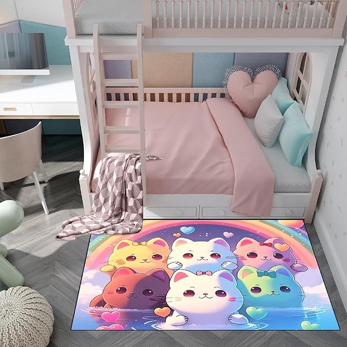 Rainbow Cat Rug for Girls - Colorful Cat Rug for Kids Bedroom Cute Cartoon Cat Pattern Rug Lovely Cat Rugs Room Decor Anime Cat Area Rug, 2.5x4 Feet - LeafyLoom